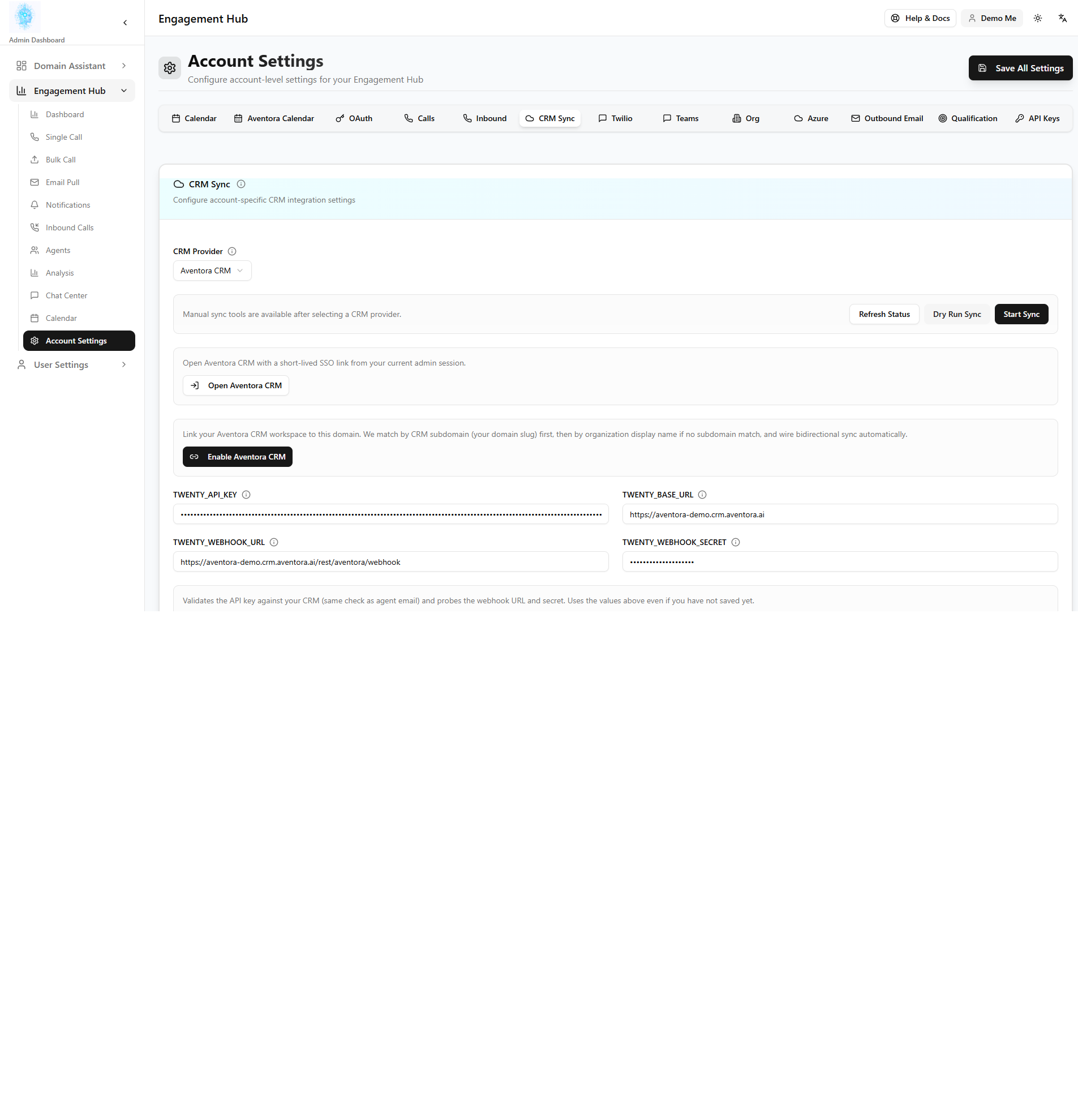 CRM Sync in Account Settings