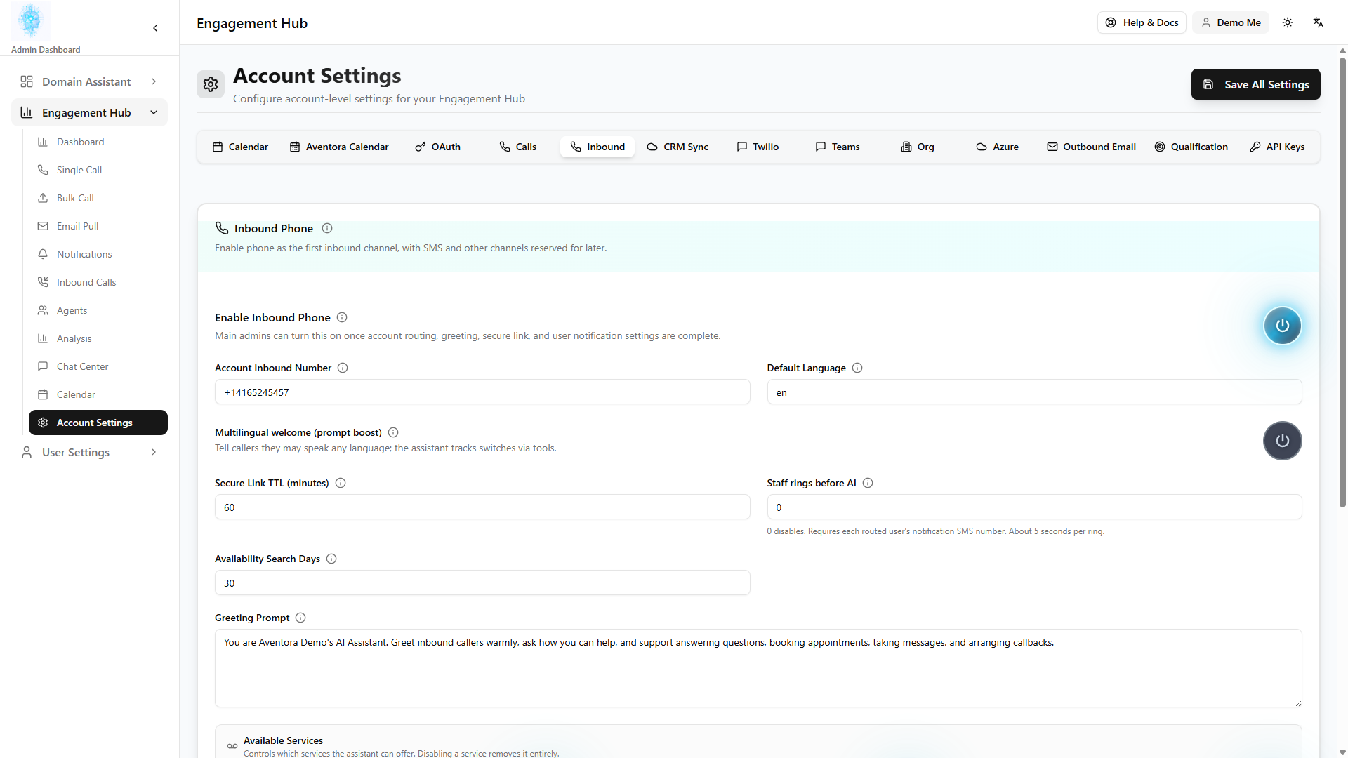 Inbound settings in Account Settings