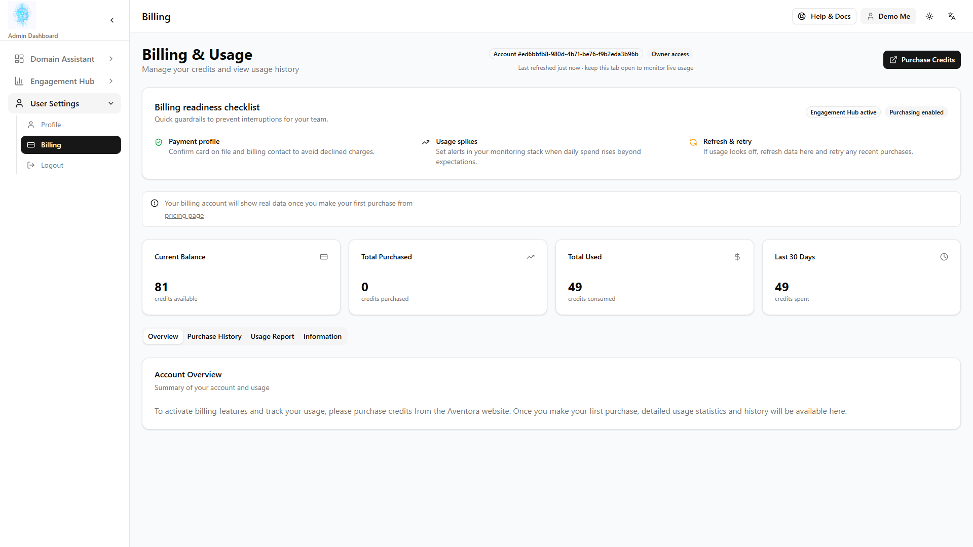Billing and credits