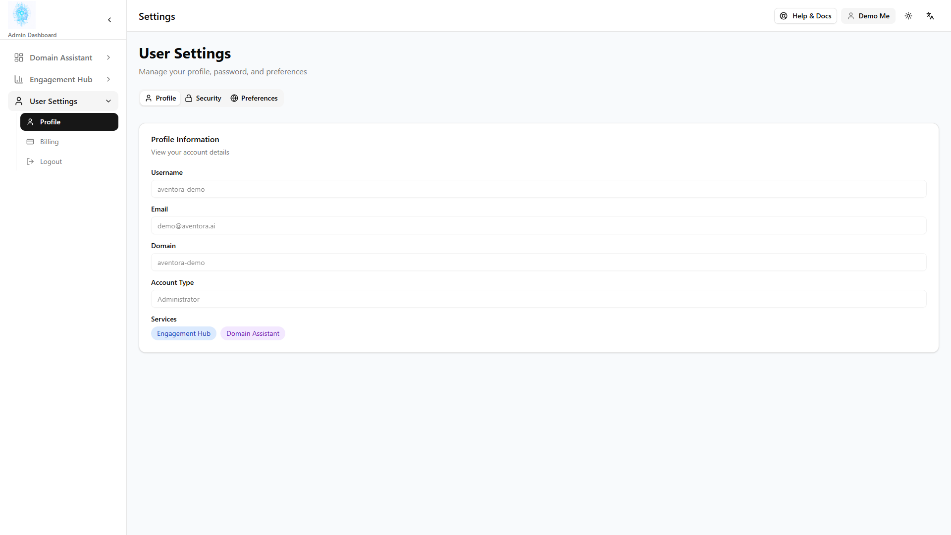 User profile settings