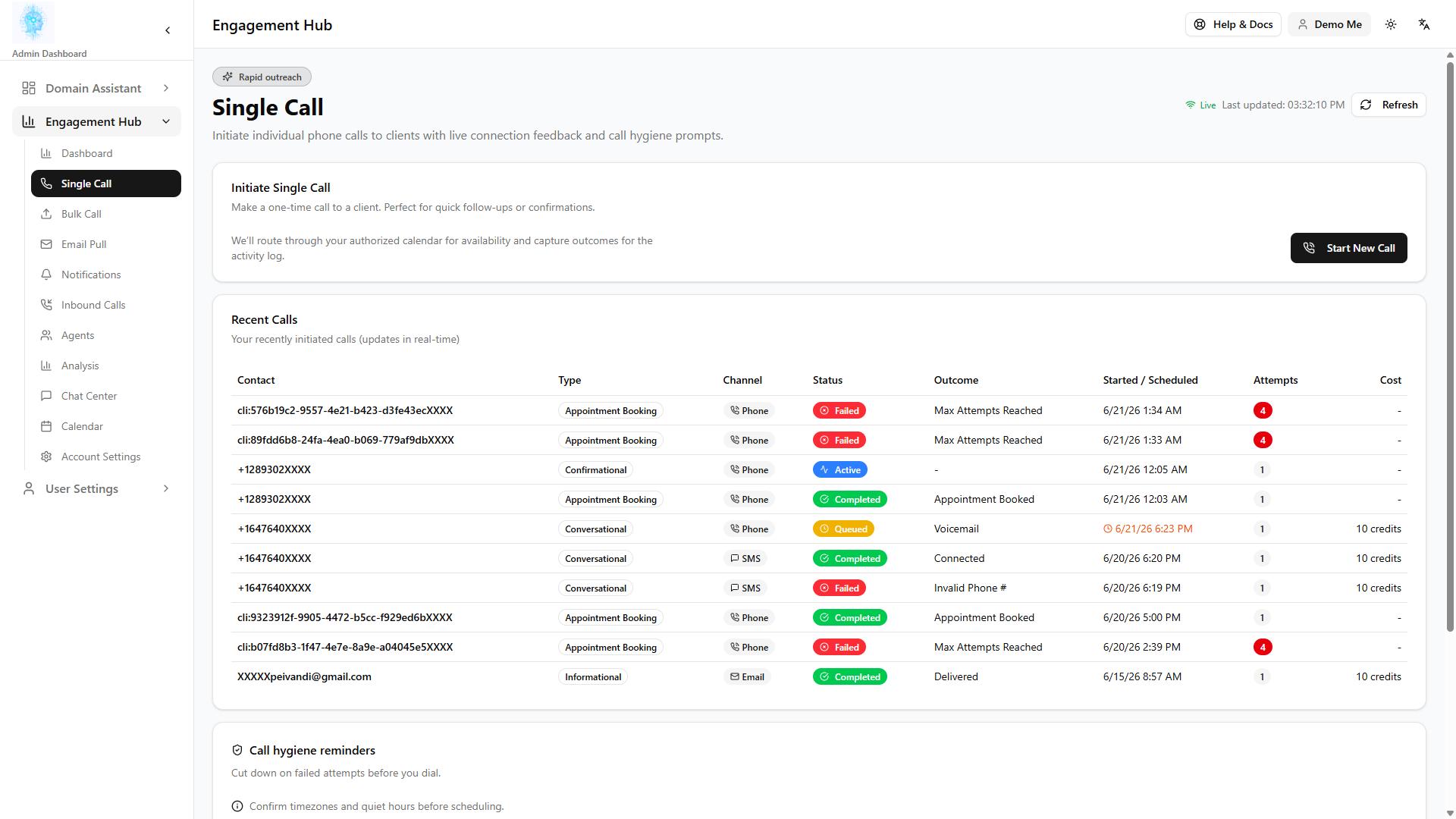 Single Call in Engagement Hub